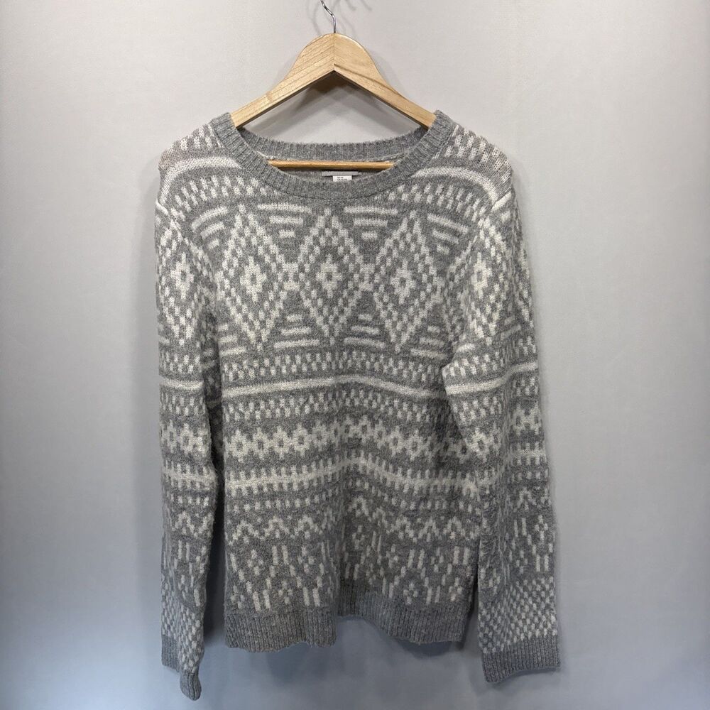 Cupcakes and Cashmere Sweater Fair Isle Geometric Pullover XL Gray Cottagecore